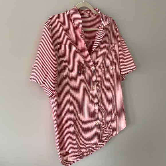 Red and White Striped Short Sleeve Cotton Button Down, Size Large - Picture 3 of 8